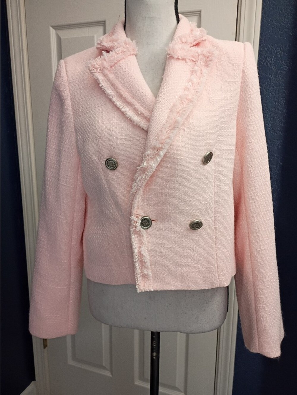 Cropped Light Pink Tweed Double-Breasted Blazer